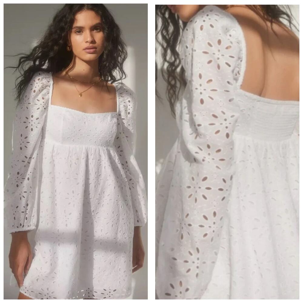 Aritzia Wilfred Damsel Cotton Eyelet Mini Dress Size 2 Long Sleeve White Boho